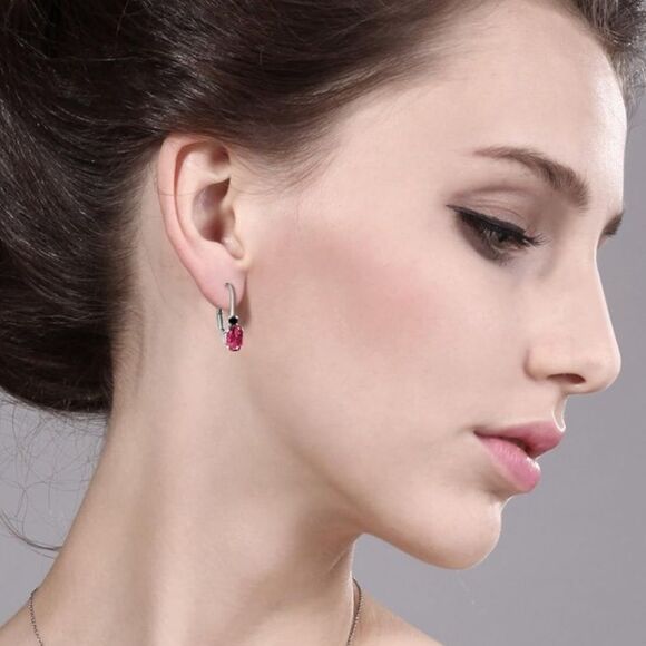 18K White Gold with 1.07 Cttw Ruby and Black Diamond Leverback Drop Earrings - Picture 4 of 5